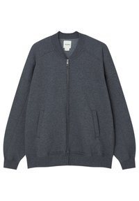 Donkergrijze rits sweatshirt met een ronde hals, twee zijzakken en geribde manchetten en zoom; gemaakt van zachte stof met een gladde textuur.