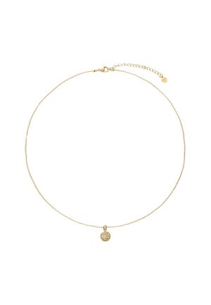 Delicaat gouden ketting met een kleine ronde hanger die een centrale heldere edelsteen en gegraveerde zonnestraal-details heeft.