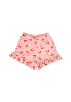 Różowe spodenki dla malucha z czerwonymi nadrukami wiśni, elastyczną talią i marszczonymi brzegami na obu nogawkach.