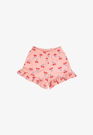 Różowe spodenki dla malucha z czerwonymi nadrukami wiśni, elastyczną talią i marszczonymi brzegami na obu nogawkach.