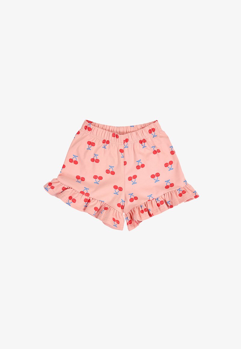 Roze korte broekjes voor peuters met rode kersenprint, elastische tailleband en gerimpelde zoom aan beide benen.