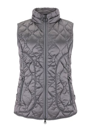 Szary pikowany bezrękawnik z wysokim kołnierzem, zamkiem błyskawicznym z przodu oraz kieszeniami po bokach. Charakteryzuje się eleganckim designem i teksturowaną powierzchnią z krzywymi wzorami.