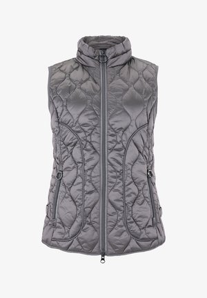 Grau gesteppte Weste mit hohem Kragen, Frontreißverschluss und Seitentaschen. Besitzt ein elegantes Design und eine strukturierte Oberfläche mit geschwungenen Mustern.