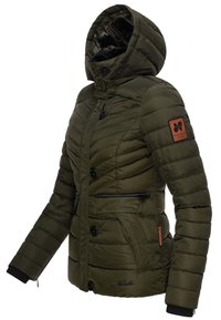 Padded olive green jacket featuring a hood, front buttons, side zip pockets, ribbed cuffs, and a logo patch on the sleeve.