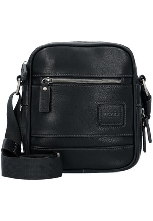 Black leather crossbody bag with a rectangular shape, featuring a front zip pocket, stitched accents, and an adjustable fabric strap.