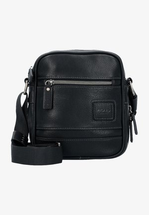 Schwarze Leder-Crossbody-Tasche mit rechteckiger Form, ausgestattet mit einer vorderen Reißverschlusstasche, genähten Akzenten und einem verstellbaren Stoffgurt.
