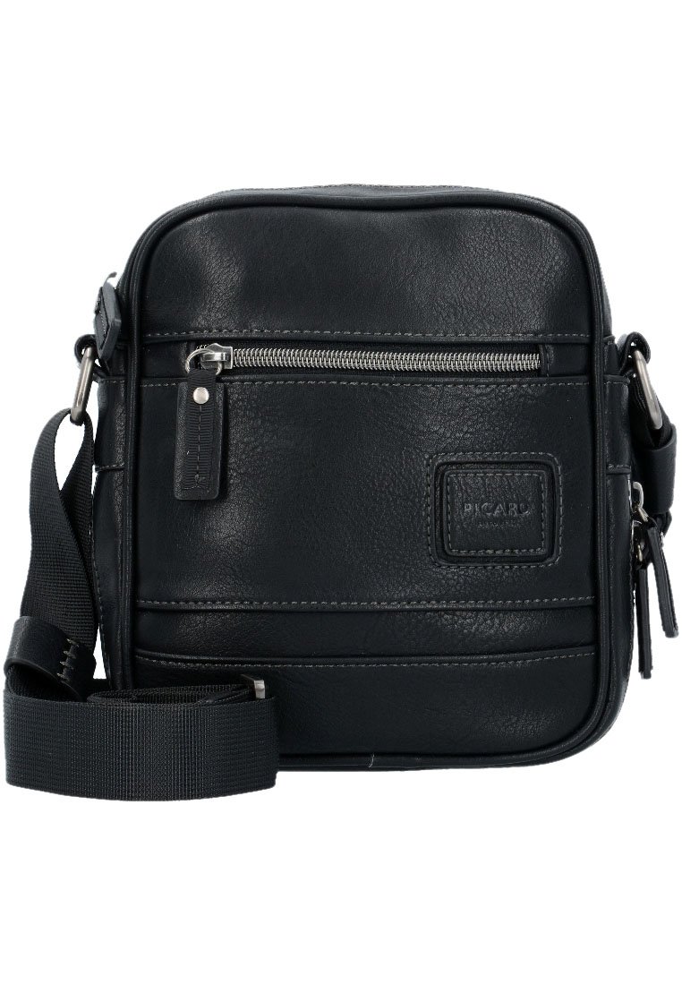 Schwarze Leder-Crossbody-Tasche mit rechteckiger Form, ausgestattet mit einer vorderen Reißverschlusstasche, genähten Akzenten und einem verstellbaren Stoffgurt.