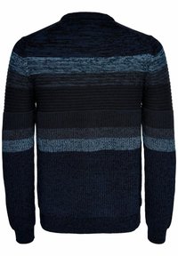 Strickpullover mit horizontalen Streifen in Dunkelblau und Hellblau. Rundhalsausschnitt, gerippte Bündchen und Saum. Strukturierte Oberfläche mit variierenden Maschenmustern.