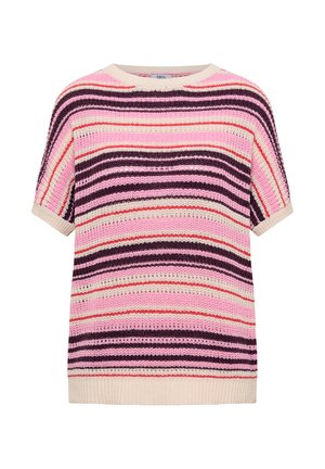 Maglione a maniche corte in maglia con righe orizzontali nelle tonalità di rosa, viola, rosso e beige, caratterizzato da una scollatura rotonda e bordi a costine.