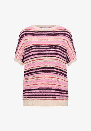 Pull en maille à manches courtes avec rayures horizontales dans des tons de rose, violet, rouge et beige, doté d'un col rond et de bords côtelés.