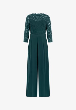 Smaragdgroene jumpsuit met lange kanten mouwen, bloemenkant lijfje, getailleerde taille en wijde, op maat gemaakte broekspijpen.