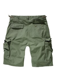 Shorts cargo vert olive avec deux poches latérales, deux poches arrière, et fermetures à boutons. Confectionnés en tissu léger, avec une conception à passants pour ceinture.