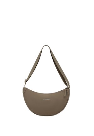 Taupe crescent-shaped shoulder bag with adjustable strap and small white "KAPTEN & SON" logo on front center.
