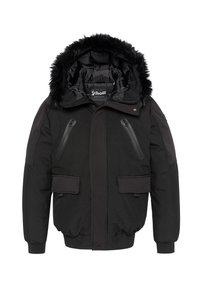 Chaqueta de invierno negra con capucha forrada de piel, dos bolsillos con cremallera vertical en el pecho, dos bolsillos laterales con solapa y puños y dobladillo acanalados.