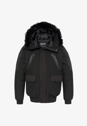 Czarna zimowa kurtka z kapturem wyłożonym futrem, dwa pionowe suwaki na kieszenie na klatce piersiowej, dwie kieszenie boczne z klapami oraz ściągacze przy mankietach i u dołu.