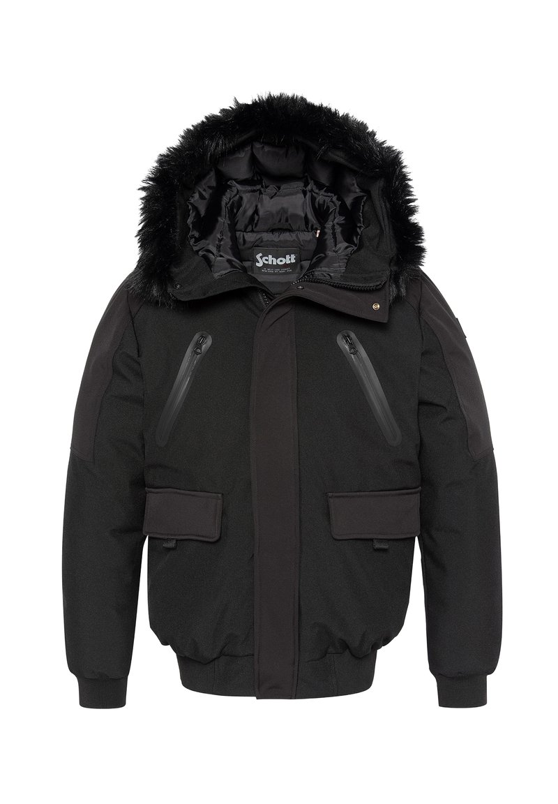 Chaqueta de invierno negra con capucha forrada de piel, dos bolsillos con cremallera vertical en el pecho, dos bolsillos laterales con solapa y puños y dobladillo acanalados.