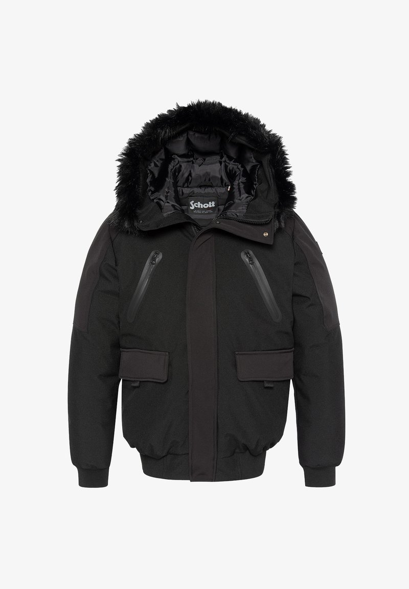 Giacca invernale nera con cappuccio foderato in pelliccia, due tasche sul petto con zip verticali, due tasche laterali con pattina e polsini e orlo a costine.