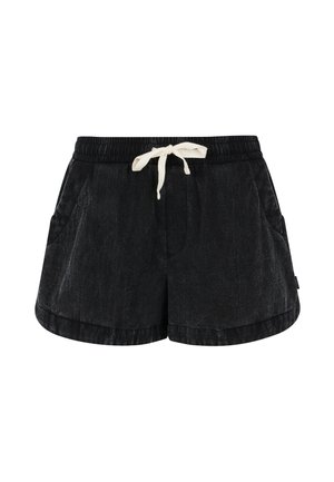 Zwarte shorts met een elastische tailleband, een crèmekleurige trekkoord, twee zijzakken en een licht gestructureerde stof. Casual, relaxed fit ontwerp.