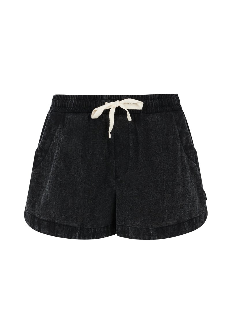 Zwarte shorts met een elastische tailleband, een crèmekleurige trekkoord, twee zijzakken en een licht gestructureerde stof. Casual, relaxed fit ontwerp.
