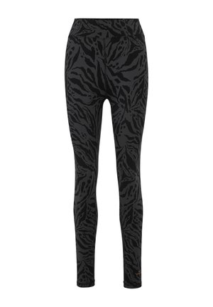 Black leggings with a textured, abstract zebra pattern in varying shades of black. Features a high waistband for added comfort.