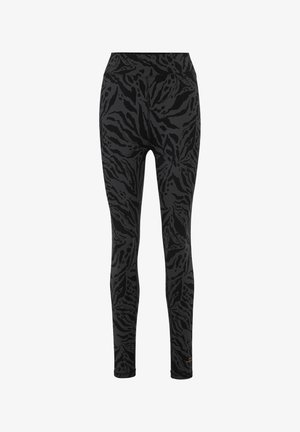 Black leggings with a textured, abstract zebra pattern in varying shades of black. Features a high waistband for added comfort.