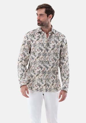 Long-sleeve shirt in lightweight, cream fabric with a floral and leaf print in blue, green, and rust tones; features a button-up front and collar.