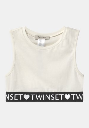 Biały bezrękawnik wykonany z bawełny, z czarną elastyczną taśmą z białym napisem „TWINSET” i serduszkiem przy dole.