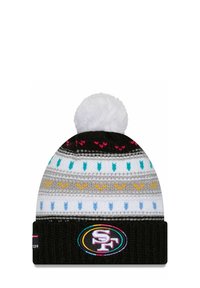 Berretto lavorato a maglia in nero, bianco e grigio con motivi a freccia colorati. Presenta un soffice pom-pom bianco e un logo circolare SF sul bordo.