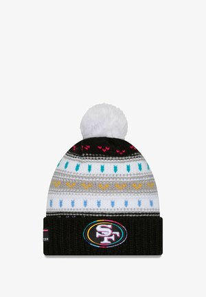 Berretto lavorato a maglia in nero, bianco e grigio con motivi a freccia colorati. Presenta un soffice pom-pom bianco e un logo circolare SF sul bordo.