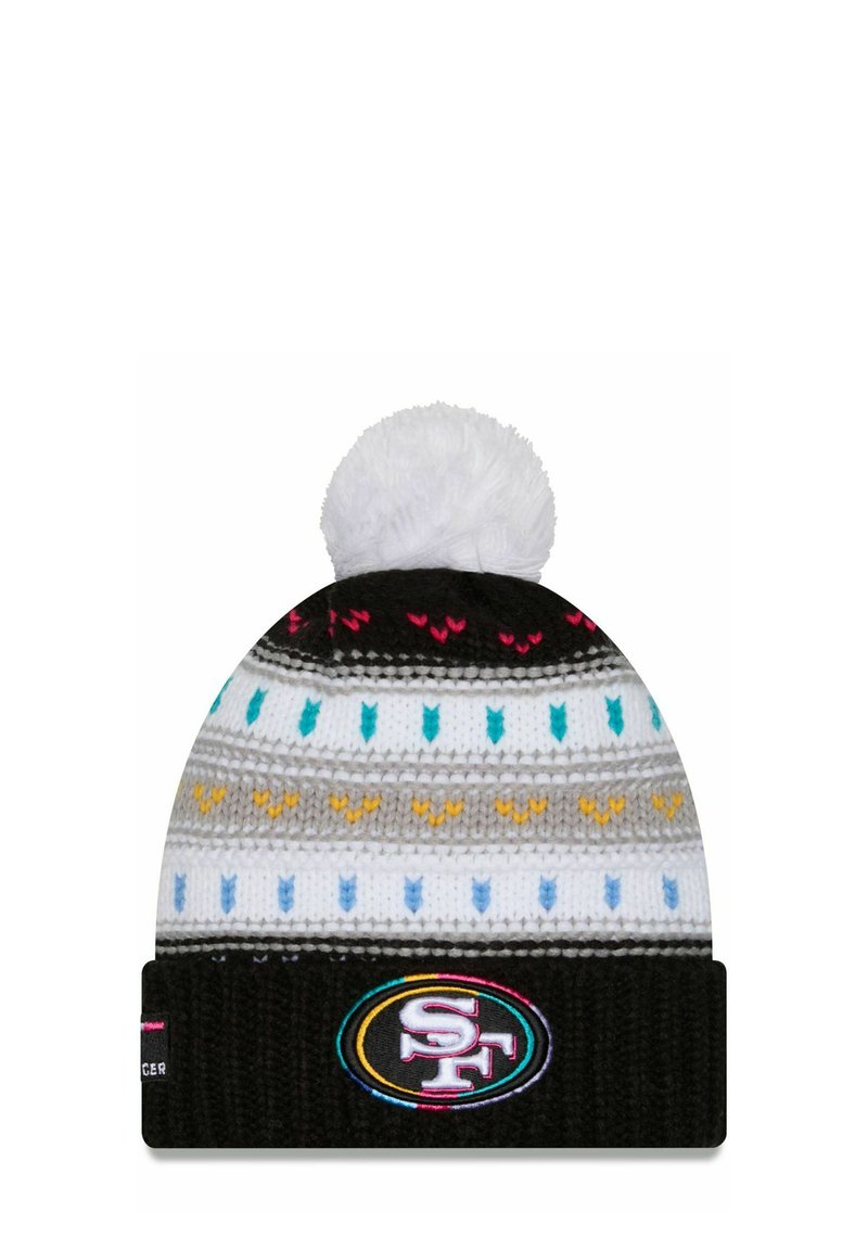 Berretto lavorato a maglia in nero, bianco e grigio con motivi a freccia colorati. Presenta un soffice pom-pom bianco e un logo circolare SF sul bordo.