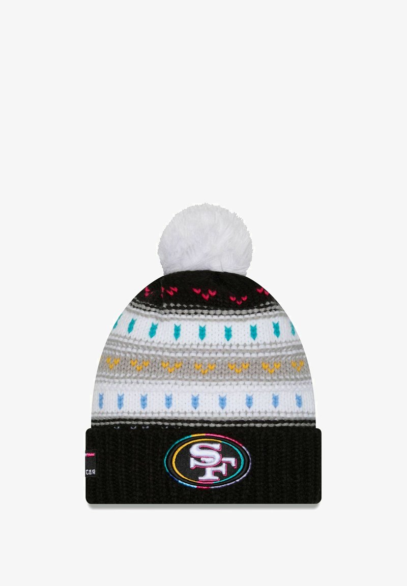 Berretto lavorato a maglia in nero, bianco e grigio con motivi a freccia colorati. Presenta un soffice pom-pom bianco e un logo circolare SF sul bordo.