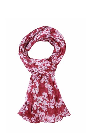 Red floral scarf with white flower patterns, made of lightweight fabric with ruffled edges. Twisted in a loop for display.