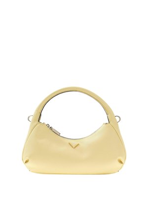 Petit sac à main jaune pâle avec poignée courbée, fermeture éclair et surface texturée subtile sur fond blanc.