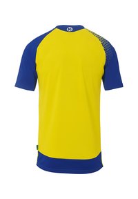 Maillot de sport à manches courtes jaune et bleu avec un col rond. Présente un design en mesh sur l'épaule droite et une texture lisse.