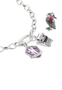 Silberarmband mit drei Anhängern: ein lila Schild, eine Schreibmaschine und ein schwarzer und roter Vogel, die feine Details und Texturen zeigen.