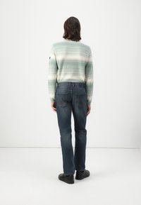 Maglione a strisce verde chiaro e bianco, abbinato a jeans blu scuro. L'outfit ha una vestibilità rilassata, con cuciture visibili e due tasche posteriori.