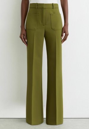 Olive green, high-waisted trousers with a wide-leg design, featuring two back pockets and a smooth, tailored texture.