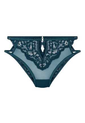 Teal lace brief with mesh inserts, floral pattern, sheer detailing, and a small cutout at the center. Features adjustable straps and a smooth waistband.