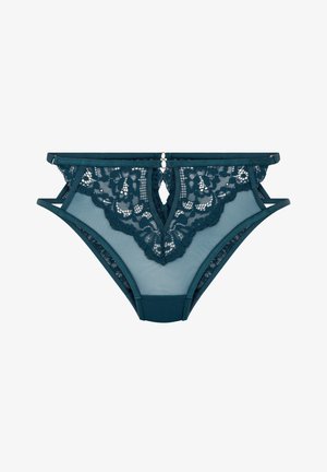 Turkooise kanten slip met mesh inzetstukken, bloemmotief, doorschijnende details en een klein uitsnede in het midden. Voorzien van verstelbare bandjes en een soepele tailleband.