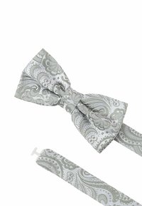 Silberner Paisley-Fliege mit komplexen Mustern, aus glattem Satin gefertigt und mit einem passenden verstellbaren Riemen. Auffällig aufgrund seiner kunstvollen Textur.