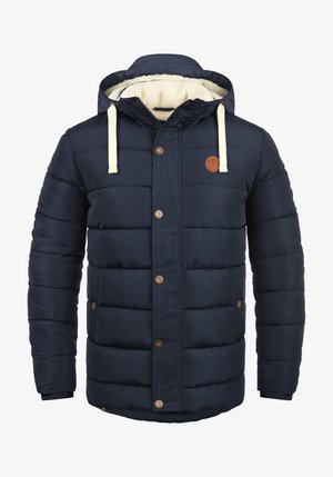 Donkerblauw geïsoleerd jack met capuchon, voorzien van crèmekleurige accenten, drukknopen en een zachte fleece voering. Gewatteerd ontwerp met zijzakken.