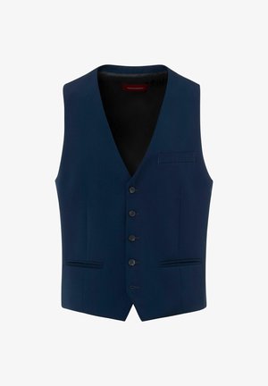 Marine-Weste aus glattem Stoff, mit tiefem V-Ausschnitt, sechs Knopfverschluss, zwei frontalen Taschen und einem satinähnlichen Innenfutter.