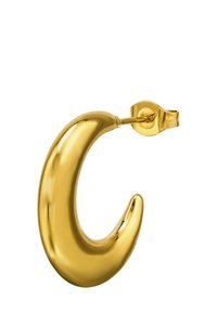 Orecchino a cerchio color oro, con un design liscio, curvo e lucido, dotato di una chiusura sicura. Forma minimalista e texture elegante.