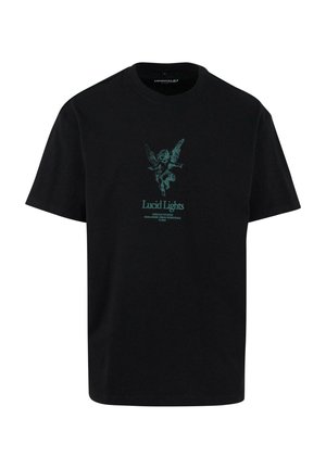 Zwarte katoenen t-shirt met een turquoise grafisch ontwerp van een cherubijn en de tekst "Lucid Lights." Korte mouwen en een ronde hals.