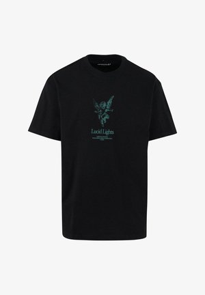 Sort bomulds t-shirt med et turkis grafisk design af en engel og teksten "Lucid Lights." Korte ærmer og rund halsudskæring.