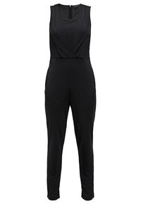 Ärmelloser schwarzer Jumpsuit mit V-Ausschnitt und Wickel-Front, tailliertem Bund und schmal geschnittenen langen Hosen.