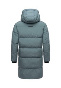 Padded parka jacket in teal, featuring a hood, horizontal quilting, and black cuffs. Displayed from the back, with a simplistic design.