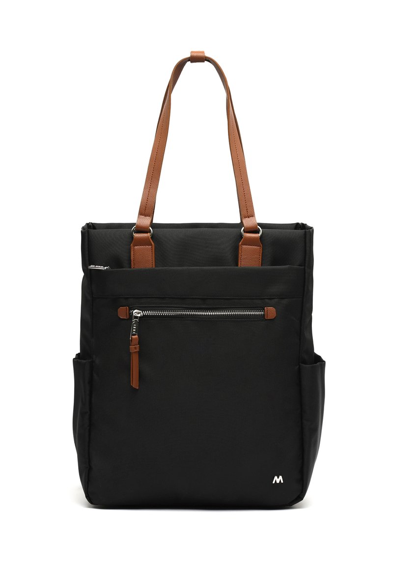 Borsa tote nera realizzata in tessuto resistente, con manici in pelle marrone chiaro. Presenta una tasca frontale con zip, tasche laterali e un design minimalista.