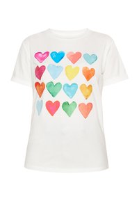 Hvid bomulds T-shirt med et gitter af 16 farverige akvarelhjerter i forskellige nuancer af pink, blå, grøn, orange og gul.