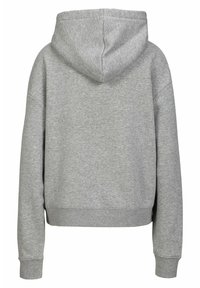 Szara bluza z kapturem o luźnym kroju, charakteryzująca się miękką teksturą, opadającymi ramionami oraz ściągaczami przy rękawach i u dołu.